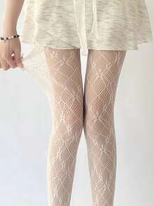 1双女士花卉网纱连裤袜，春夏蕾丝镂空网纱黑色长筒袜，菱形条纹JK透气网纱，修身性感紧身袜 - 彩色 - 查看 6