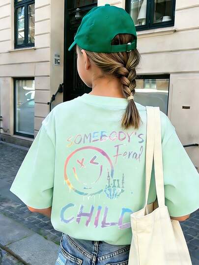 Teen GirlTropical Print Round Neck Short Sleeve T-Shirt, Summer Top