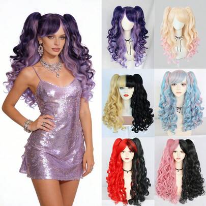 6-Color Lolita Sweet & Edgy Long Curly Pigtail Wig Set, Black-Red/Black-Pink/Black-Blonde & More, Perfect For Themed Parties, Cosplay & Music Festivals, Comfortable To Wear