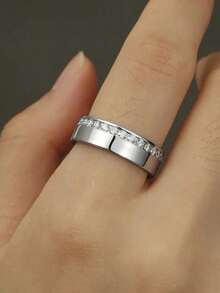 Minimalist Smooth Round Synthetic Cubic Zirconia Geometric Couple Rings, Jewelry Gift For Valentine's Day - White - View 1