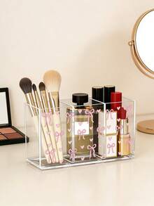 粉色蝴蝶结亚克力化妆品及办公用品收纳盒 - 三隔层桌面收纳盒，带化妆刷架，节省空间的浴室梳妆台支架，桌面整理盒（耐用塑料，小巧设计），香水收纳盒 - 彩色 - 查看 5