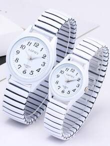 XAPWV 1 Cặp đồng hồ thạch anh đôi, số Ả Rập, kiểu dáng thời trang thường ngày dành cho người trung niên và người cao tuổi, 1 nam 1 nữ, dây đeo co giãn - trắng - Xem 7