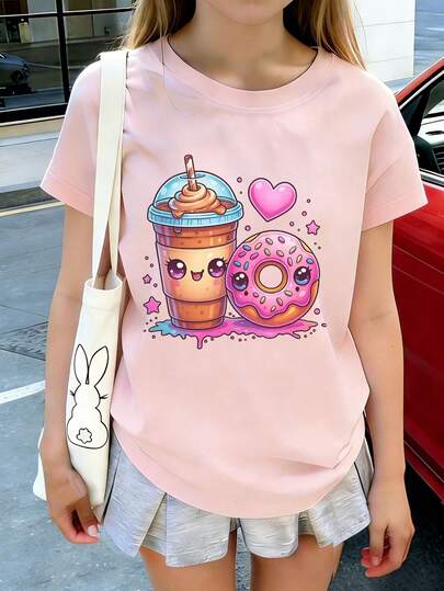 1件少女印花短袖T恤，学生青少年服装，夏季儿童礼物