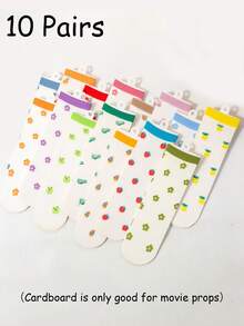 3/5/10双装女士薄款中筒袜，可爱ins风水果、花朵、动物透明玻璃袜，水晶卡通袜，适合春、夏、秋季日常穿着、通勤。 - 彩色 - 查看 9