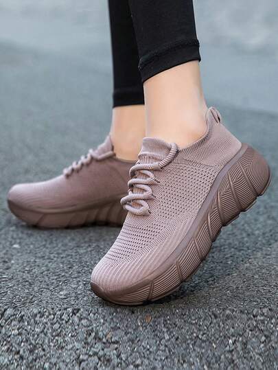 2026夏季新款女士休闲运动鞋，低帮圆头系带针织网面透气舒适女士网面鞋，男女通用情侣厚底健身房锻炼公园散步舒适女士健身鞋
