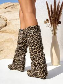 Women's High-Quality Wedge Ankle Boots With A Wide Design And Y2K Style Side Zipper, Ideal For Work And Stylish Holidays With A Punk Touch - 豹紋 - 查看 5