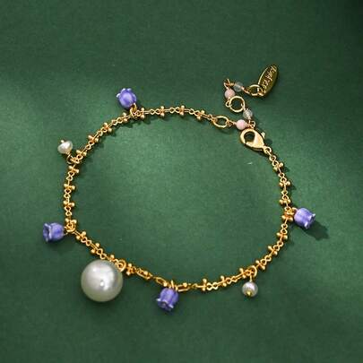 1件原创时尚优雅珍珠紫色百合花流苏手链，手工彩绘珐琅甜美花卉配饰，适合女性日常佩戴