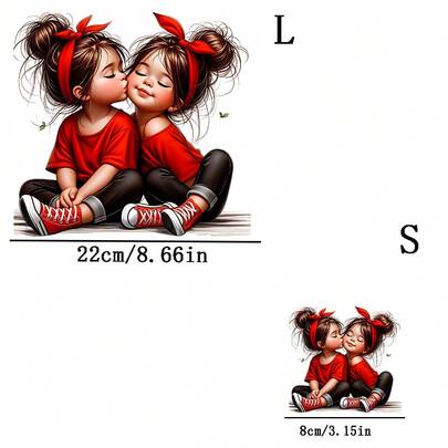 1件/2件/3件装姐妹亲吻热转印图案，DIY熨烫布贴，适用于T恤、连帽衫、棒球帽、帆布包等。
