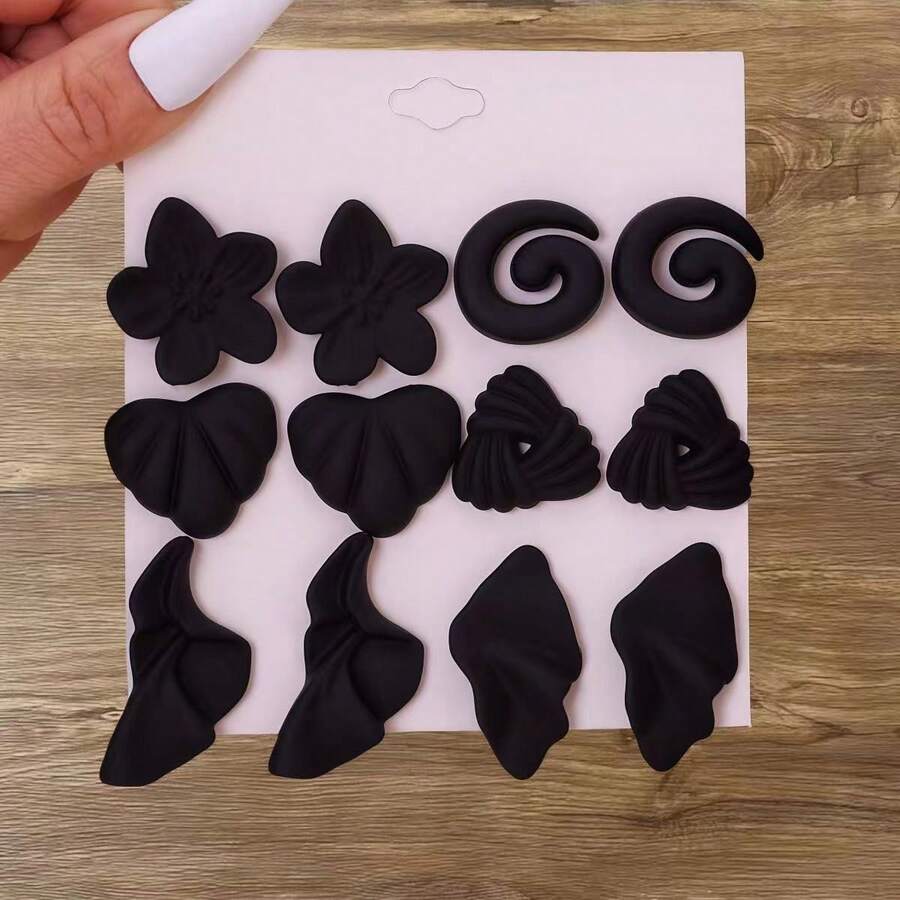 4pcs-12pcs Fashion Black Teardrop Floral C-Shaped Earrings Set, Versatile Botanical Elements, Resin Material - Multicolor - View 1