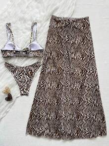 Zebra Print Camisole Top Paired With Drawstring Skirt 2 Pieces Set. The Square Neck Camisole Highlights The Neck And Shoulder Lines. - Coffee Brown - View 3