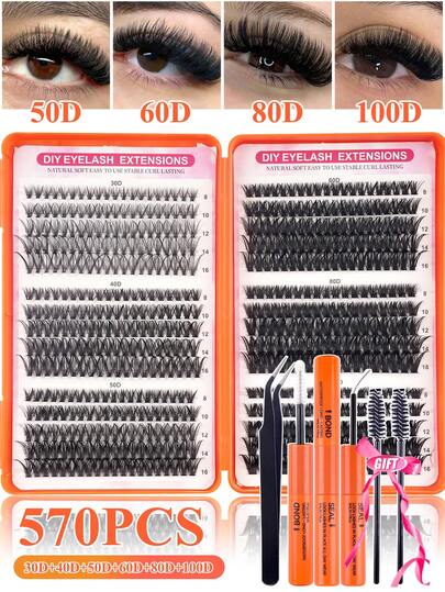 570pcs D Curl Individual Eyelashes Kit With Adhesive, Soft & Natural Look Fluffy Fake Eyelash Extensions For Daily Wear, Thick Dense To Enlarge Eyes, 30D+40D+50D+60D+80D+100D Mixed Styles 8-16mm Length Lash Clusters For Party, Wedding, Travel