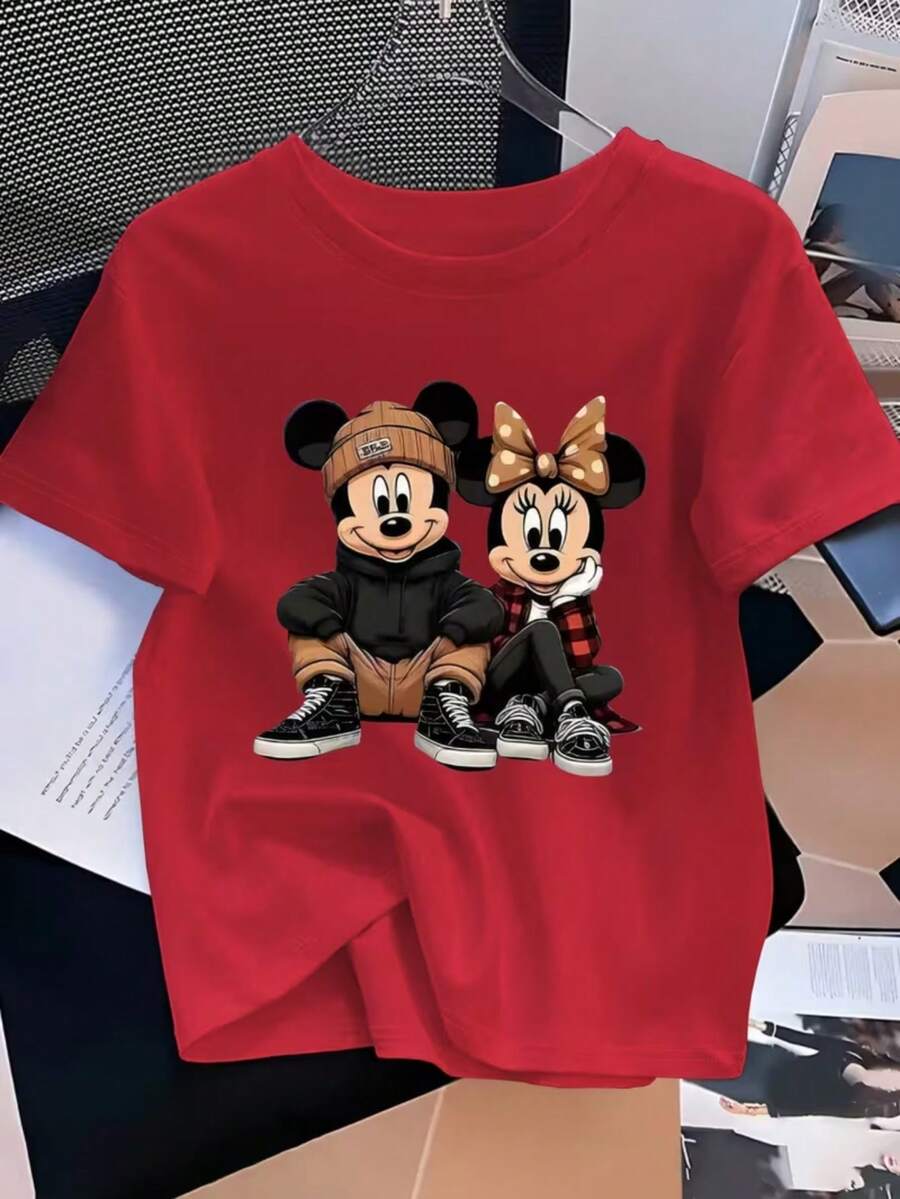 Disney-Mickey Minnie Printed Short-Sleeved T-Shirt Sitting Side By Side With Chin Smile Pattern - 紅色 - 查看 1
