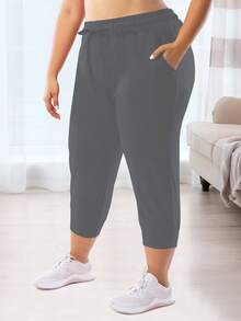 Celana Jogger Wanita Ukuran Besar dengan Kantong & Tali Serut, Gaya Olahraga Kasual, Pinggang Elastis, Potongan Longgar. - Dark Grey - View 6