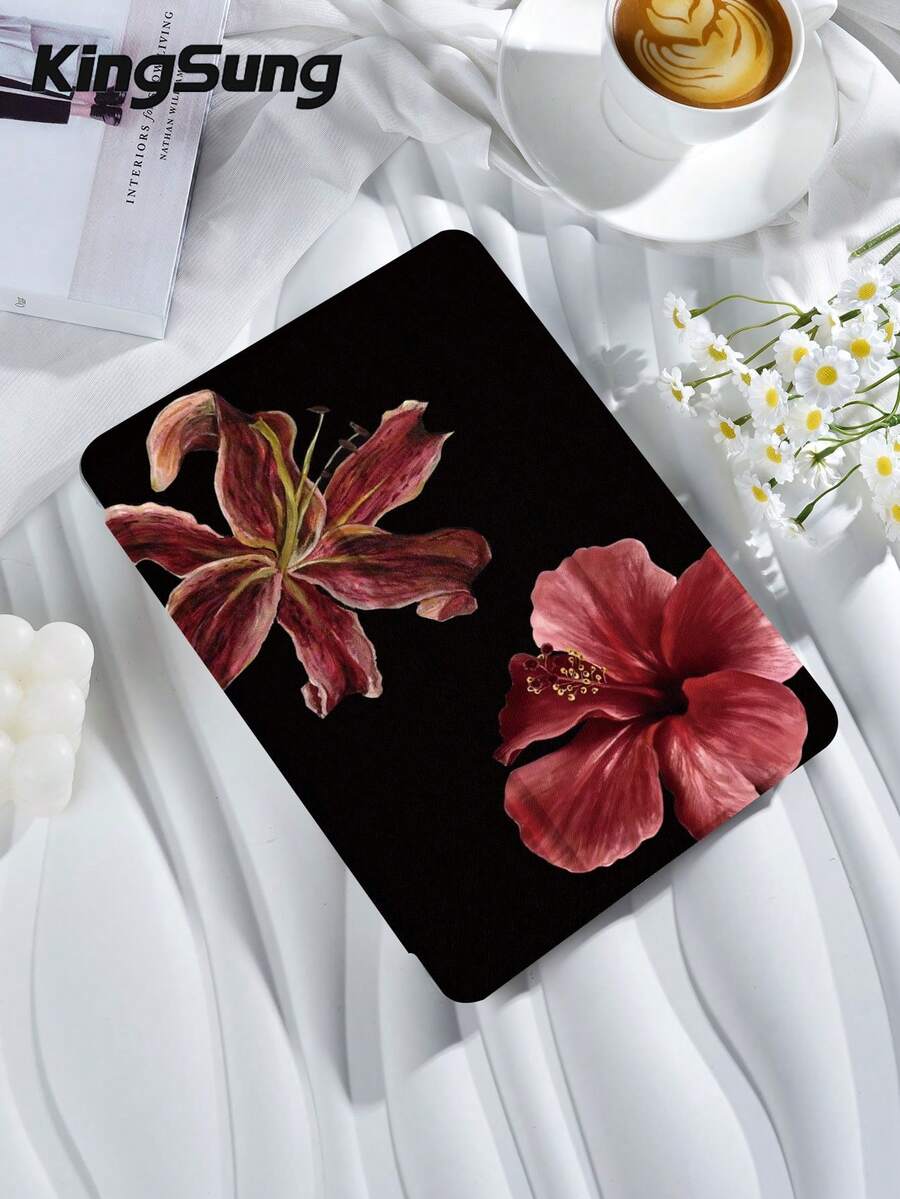 Kingsung Shockproof Floral Lily Flower Pattern Tablet Protective Case, Suitable For 9.7/10.2/10.5/10.9/12.9 Inch Pro 11 Inch, 10th Gen, Galaxy Tab S6 Lite 10.4 Inch, Kindle Paperwhite 12th Gen 2024, Kindle (11th Generation) 2022, Soft Shock-Proof, Support Smart Stand/Auto Wake/Sleep Spring Birthday Gift