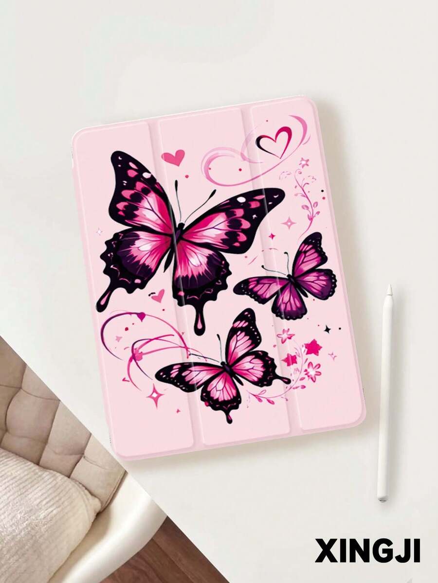 1pc Pink Butterfly & Heart Pattern Tablet Protective Case, Compatible With 10.2" 10th/ (A16) 11" 11th 2025, Pro 11" 2021/2020, Galaxy Tab A8 10.5" 2022, Matepad 10.4/Tab, With Pencil Slot, Anti-Drop, Tablet Stand, Auto Sleep/Wake - Multicolor - View 1
