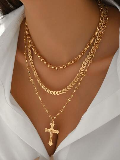 3pcs/Set Vintage Fashionable Gold Tone Cross Pendant Necklace, Handmade Layered Choker Necklace Suitable For Daily Wear, Easter, Music Festivals, Parties