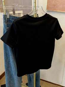 女士复古魅力纯黑色街头时尚休闲上衣，简约优雅针织T恤衫。夏季 - 黑色 - 查看 2