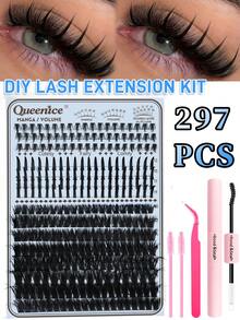 Queenice 297PCS DIY Spiky Lash Cluster Set, Bottom Lashes + Spiky Style + 80D/100D Individual Lash Clusters, Three Styles Of Voluminous Lash Clusters, Spiky Individual Lash Clusters, Ideal For Daily Eye Makeup And Holiday Gifting - 黑色 - 查看 8