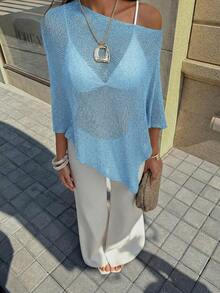 FOR BEAUTY Women's Summer New Knit Top, Casual Style, Blue Solid Color Loose Off-Shoulder Cover-Up, Bohemian Style, Suitable For Beach And Vacation - Blue - View 6
