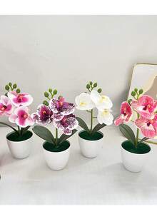 1个陶瓷花瓶，配人造白色蝴蝶兰，仿真盆栽兰花，家居办公室装饰绿植道具，客厅塑料花盆 - 白色 - 查看 6