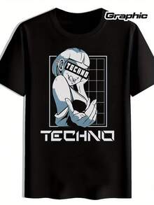 Men'S Graphic T-Shirt - Funny Techno DJ Portrait & Bold TECHNO Text - Black Clubwear Tee For Raves, Concerts, Beach - Lightweight Polyester Shirt For Summer Outfits & Music Festival Gifts, Concert Attire, Casual Round Neck, Breathable Fabric, Rave Clothing,  Design, Durable Material, Short Sleeve Top, Party Goers - 黑色 - 查看 1