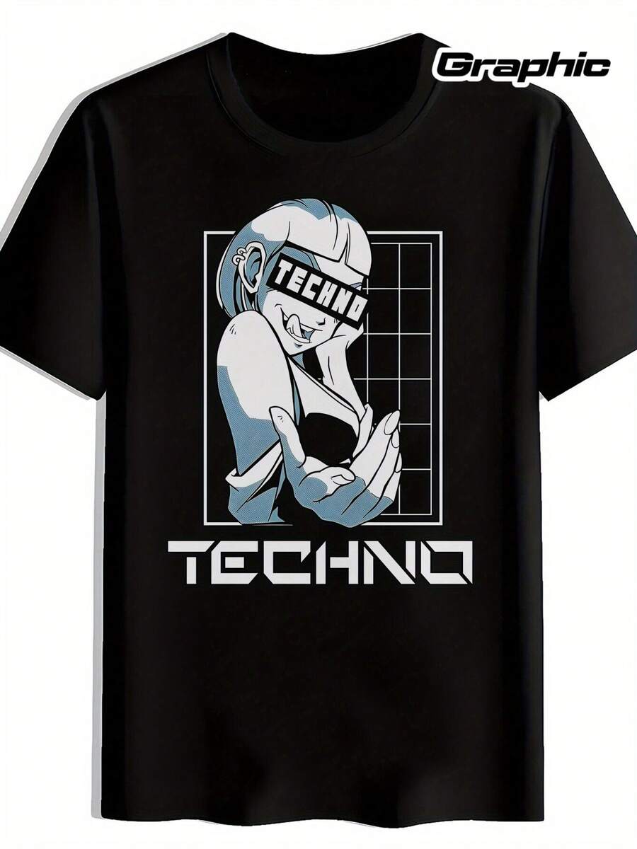 Men'S Graphic T-Shirt - Funny Techno DJ Portrait & Bold TECHNO Text - Black Clubwear Tee For Raves, Concerts, Beach - Lightweight Polyester Shirt For Summer Outfits & Music Festival Gifts, Concert Attire, Casual Round Neck, Breathable Fabric, Rave Clothing,  Design, Durable Material, Short Sleeve Top, Party Goers - 黑色 - 查看 1