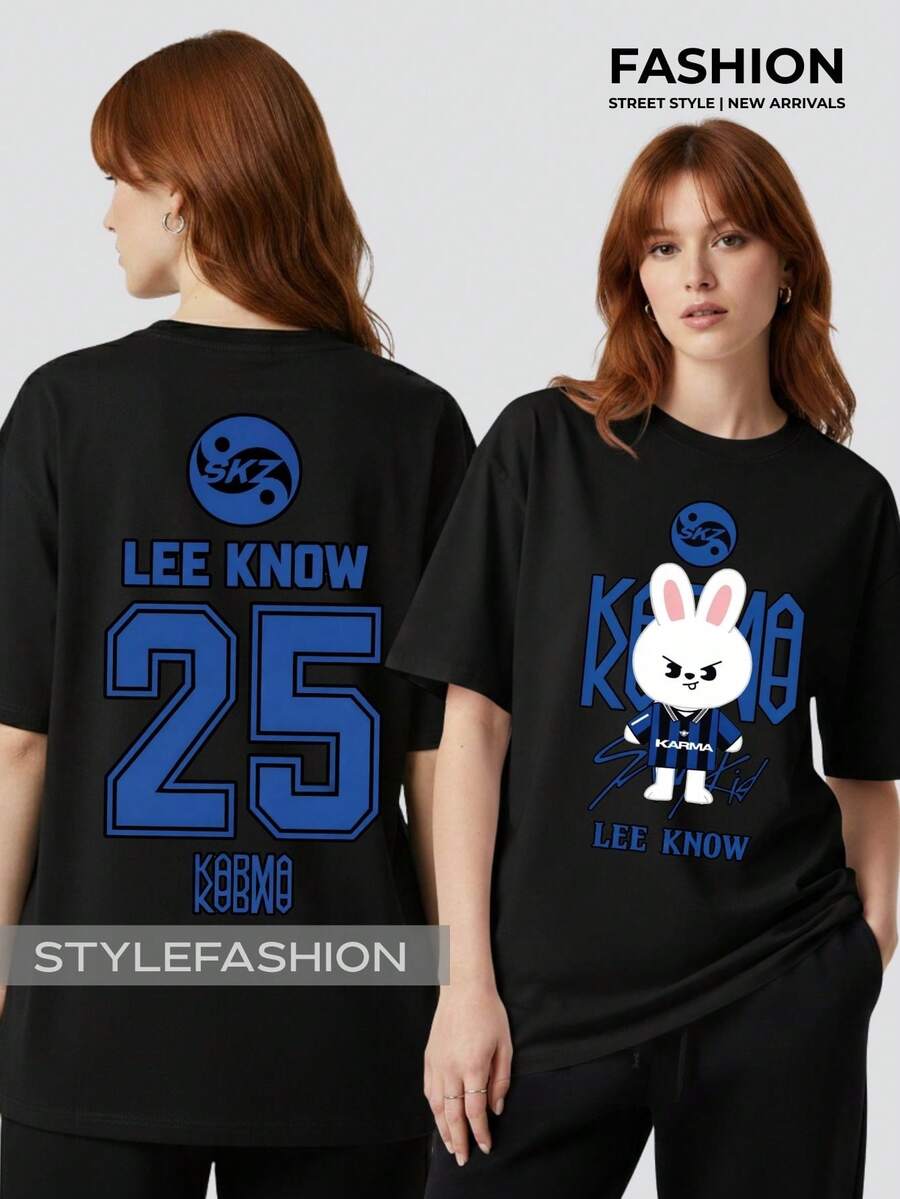 Unisex T-Shirt With Kpop Stray Know Karma SKZ Print, Korean Fashion, Casual Streetwear. - 黑色 - 查看 1