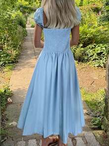 Đầm ren xếp ly/rủ bèo nhún màu trơn thanh lịch và gợi cảm, thích hợp cho kỳ nghỉ hè ở bãi biển. - Màu xanh nhạt - Xem 2