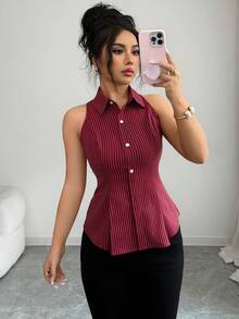 Front Button Ribbed Button Vacation & Commute Sleeveless Striped Shirt, Burgundy Waist Fitted Blouse, Sexy Commuter Summer - Burgundy - View 6