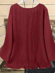 YFY Women's Casual Western Style Solid Color Round Neck Long Sleeve Flared Cuff Shirt, Soft & Lightweight Polyester Fabric, Suitable For Spring/Summer Everyday Wear - Burgundy - View 2