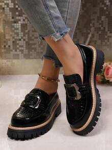 Women's New Thick Sole Loafers, Fashion Versatile Buckle Leather Shoes, Flattering Slip-On Shoes For All Seasons - 816 Black - View 7
