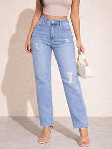 Jeans mujer tiro alto recto rasgado mezclilla casual urbano slim fit - Azul cielo - Ver 1