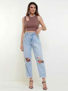 Cropped Asymmetrical Ribbed Cotton - 摩卡棕 - 查看 3