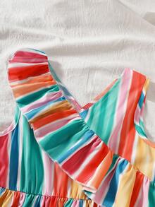 少女彩虹条纹V领荷叶边下摆甜美公主风休闲连衣裙，春夏款 - 彩色 - 查看 3