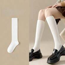 1 Pair Women Knee High Socks, Breathable Non-Slip, Slimming, Mid-Calf Socks, Solid Color, JK Style, Y2K/School/Korean Fashion, Black/White, Spring/Summer/Autumn, Cozy - Đen 1 cái - Xem 10