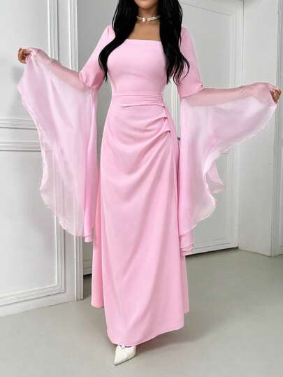 Women's Pink Square Neck Flare Sleeve Pleated Elegant Dress,Luxury Kaftan &Abaya Dress,Wedding Party Dress,Wedding Guest Outfit,Summer Holiday Outfits