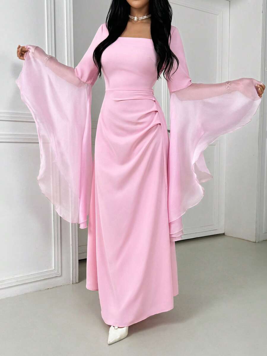 女士粉色方领喇叭袖褶皱优雅连衣裙，奢华卡夫坦长袍/阿巴雅长袍，婚礼派对礼服，婚礼宾客服装，夏季度假服装 - 粉色 - 查看 1