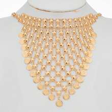 1pc 18K Gold Plated V-Shaped Bib Necklace With Starry Sky, Engraved Ancient Coin & Tassel Pendant, Fashionable Dubai Style Bridal Wedding Jewelry, Elegant Luxury Gift For Lover, Mom, Sister, Best Friend - Gold - View 1