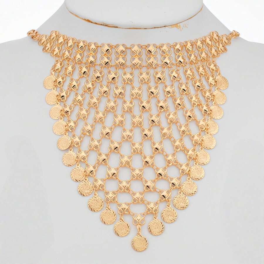 1pc 18K Gold Plated V-Shaped Bib Necklace With Starry Sky, Engraved Ancient Coin & Tassel Pendant, Fashionable Dubai Style Bridal Wedding Jewelry, Elegant Luxury Gift For Lover, Mom, Sister, Best Friend - Gold - View 1