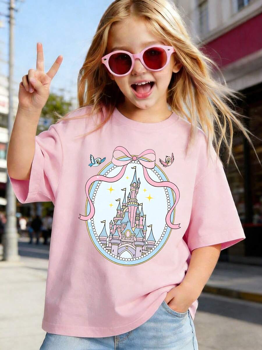 Summer Tops,Disneyland Graphic Tee, Perfect For Cute Girls. Teen Girl Gift,Comfortable And Breathable Children's Short-Sleeved T-Shirt. 180g Pure Cotton Children's Clothes,Suitable For Both Boys And Girls.Suitable For Daily Wear, Vacations, Outdoor Activities, And As A Children's Gift. - Pink - View 1