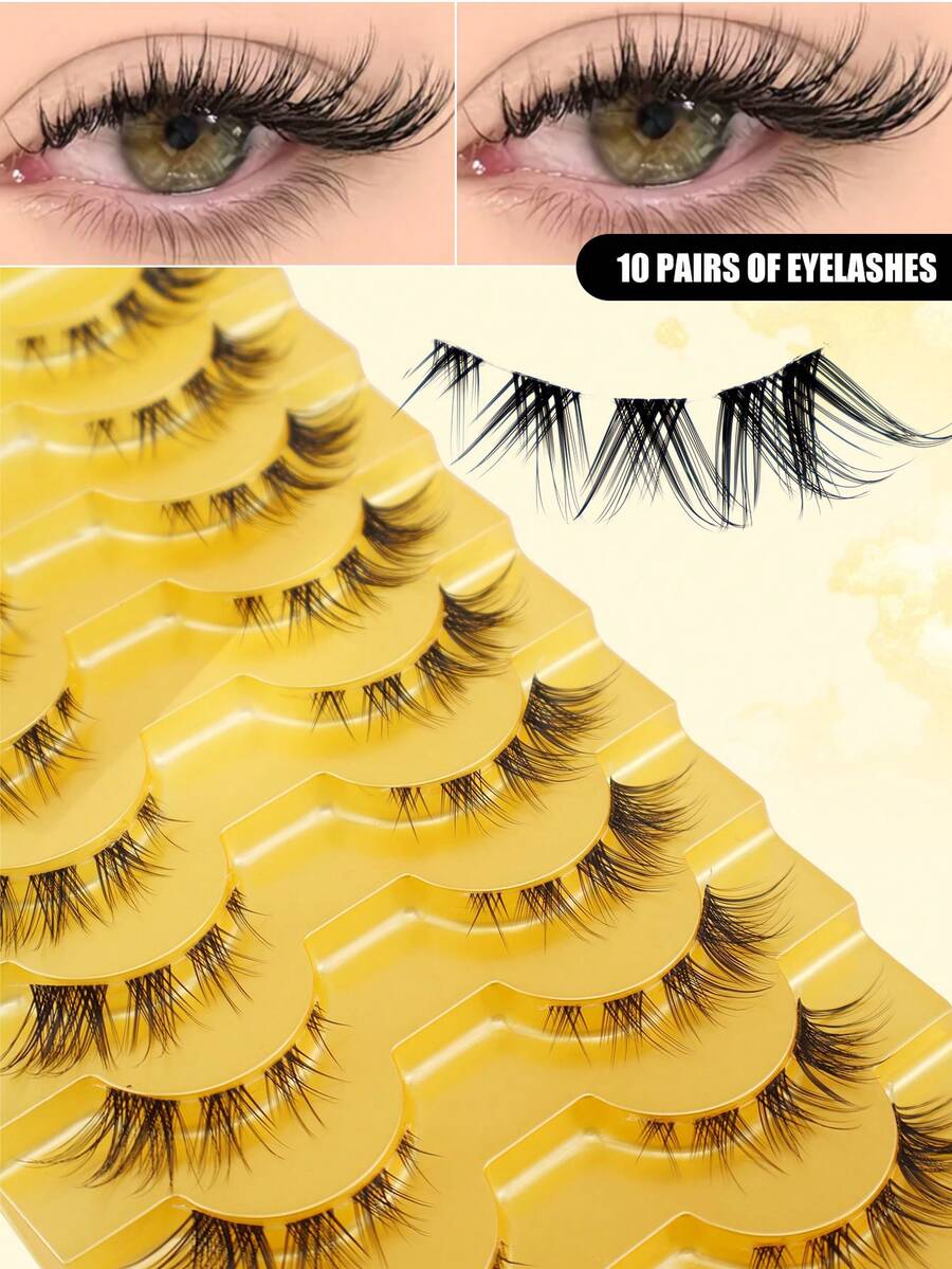 10 Pairs Criss-Cross Fishtail Invisible Band False Eyelashes, Fluffy Curly Faux Lashes, Handmade Delicate Design, Fit Eye Shape, Trimmable & Reusable - View 1