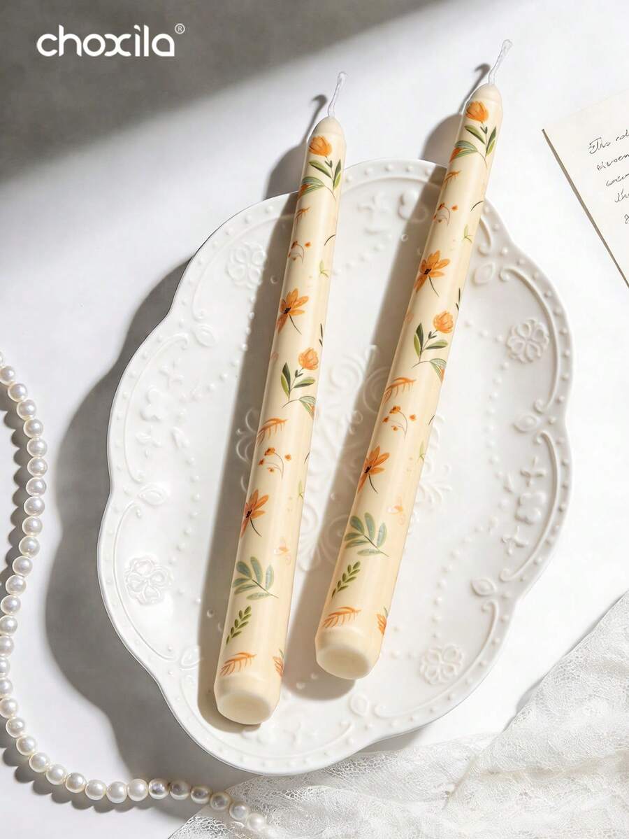 choxila 2pcs Printed Candles, Holiday Candles, Floral Print Long Handle Candles, Romantic European Smokeless Odorless Candles, Suitable For Weddings, Birthday Parties, Candlelight Dinners And Home Decor, Ramadan Gifts - Candle - View 1