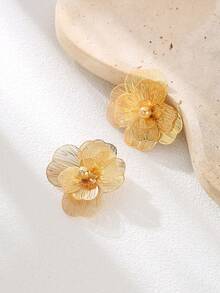 1 Pair Metal Textured 3D Floral Stud Earrings, Elegant And Creative Gold Earrings With Gold Beads, Versatile Faux Pearl Earrings Suitable For Women To Attend Banquets, Parties, Gatherings, Daily Wear, Dates, Great As Spring Gift For Girlfriend - Yellow Gold - View 2