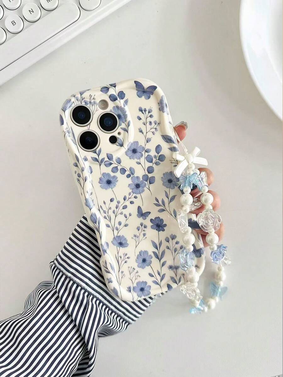 蓝色花卉图案新颖花朵奶油色纹理波浪边花卉彩绘防摔手机壳，配有串珠手链配件，兼容 17pro/17Air/17/17promax/16/11/16pro/16plus/16promax/16e/15Promax/13/14/12/XS/XR/7G/8P、Galaxy S25/S25PLUS/S25 Ultra/A16/A36/A26/A56/A50/A12/A32/A52/A72/A51/A21S/A13/A14/S24/S24PLUS/S24Ultra、S22/A52/A53/A54/A55/S23、11/12Pro/12/12X/13Pro/14Pro/15Pro。 10/9/Note9/12c/Note11pro/Note8Pro 春季版