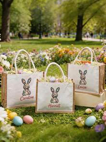 Customized Faux Embroidery Easter Tote Bag, Personalized Easter Basket Tote Bag, Floral Bunny Easter Gift, Letter Print Tote Bag, Linen Bag - Style 19 - View 8