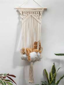 1 buc. Pat hamac decorativ suspendat pentru animale de companie, bej, stil boho, modern, nordic, în formă de leagăn, montat pe perete, cu detaliu nod țesut manual, accent lung cu ciucuri, coș confortabil pentru pisici, scaun de odihnă interior elevat pentru sufragerie, dormitor, balcon, colț de fereastră, mobilier pentru animale de companie, decorare casă, cadou pentru iubitorii de pisici - Bej - Vizualizare 2