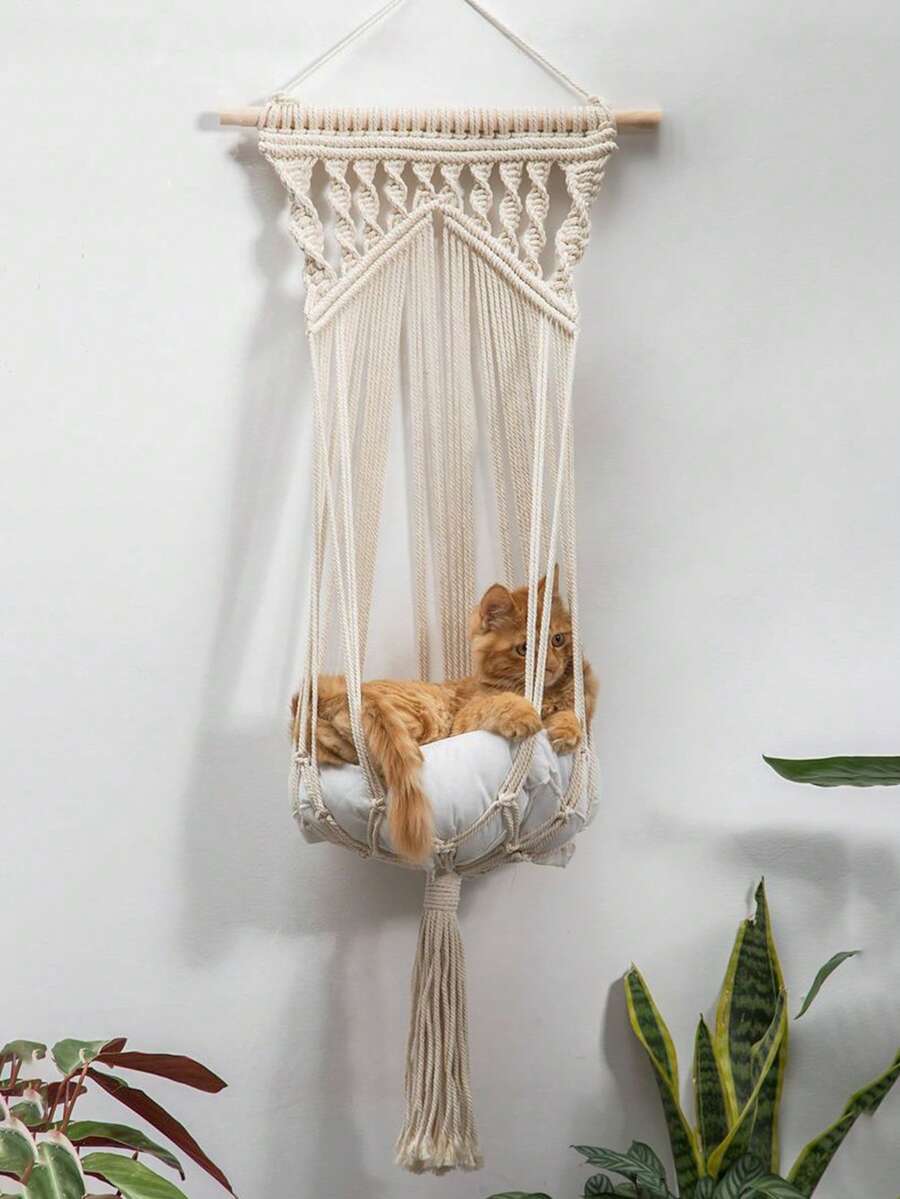 1 buc. Pat hamac decorativ suspendat pentru animale de companie, bej, stil boho, modern, nordic, în formă de leagăn, montat pe perete, cu detaliu nod țesut manual, accent lung cu ciucuri, coș confortabil pentru pisici, scaun de odihnă interior elevat pentru sufragerie, dormitor, balcon, colț de fereastră, mobilier pentru animale de companie, decorare casă, cadou pentru iubitorii de pisici