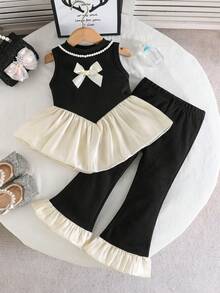 女孩简约优雅公主风套装：蝴蝶结刺绣珍珠项链装饰背心搭配薄纱拼接喇叭裤 - 黑色 - 查看 1