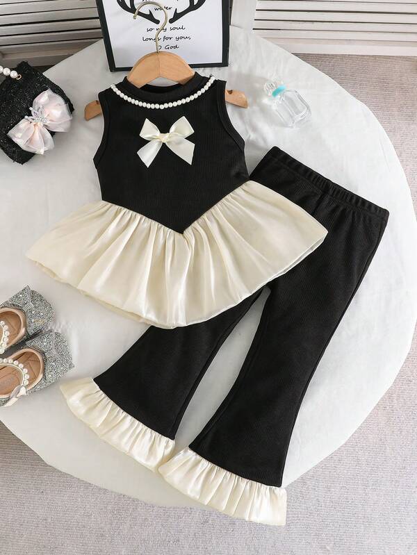 Girls' Simple Elegant Princess Style Outfit: Bow Embroidered Pearl Necklace Decorated Vest Top Paired With Tulle Patchwork Flare Pants