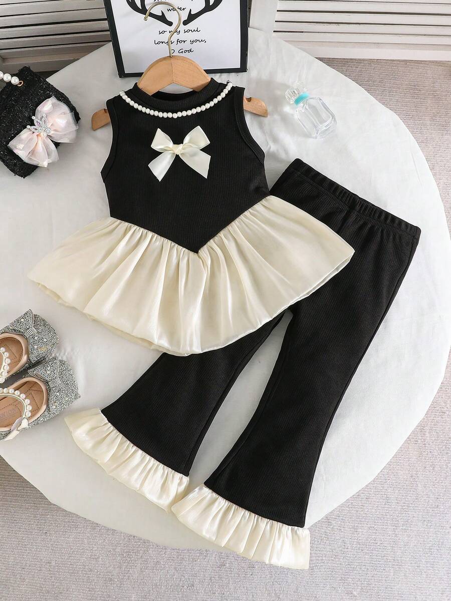 女孩简约优雅公主风套装：蝴蝶结刺绣珍珠项链装饰背心搭配薄纱拼接喇叭裤 - 黑色 - 查看 1